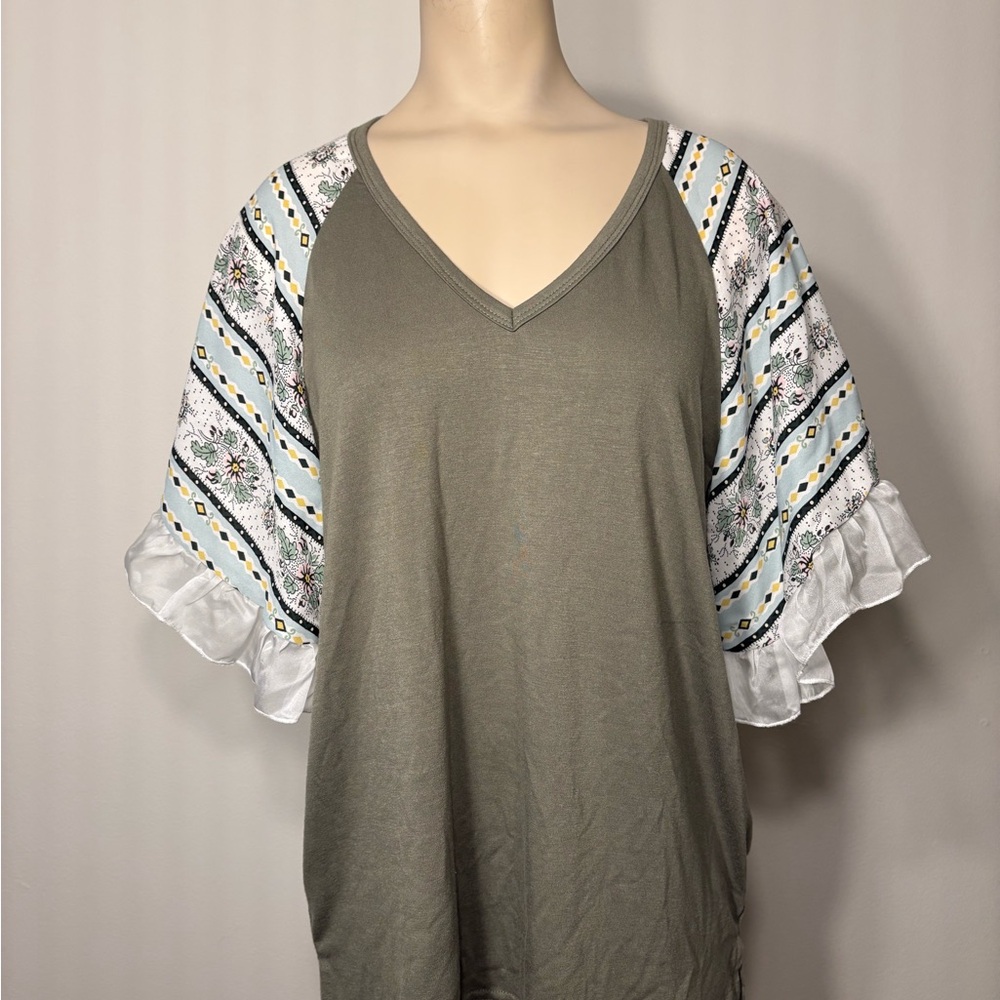 Olive Green Women's Top with Patterned Sleeves